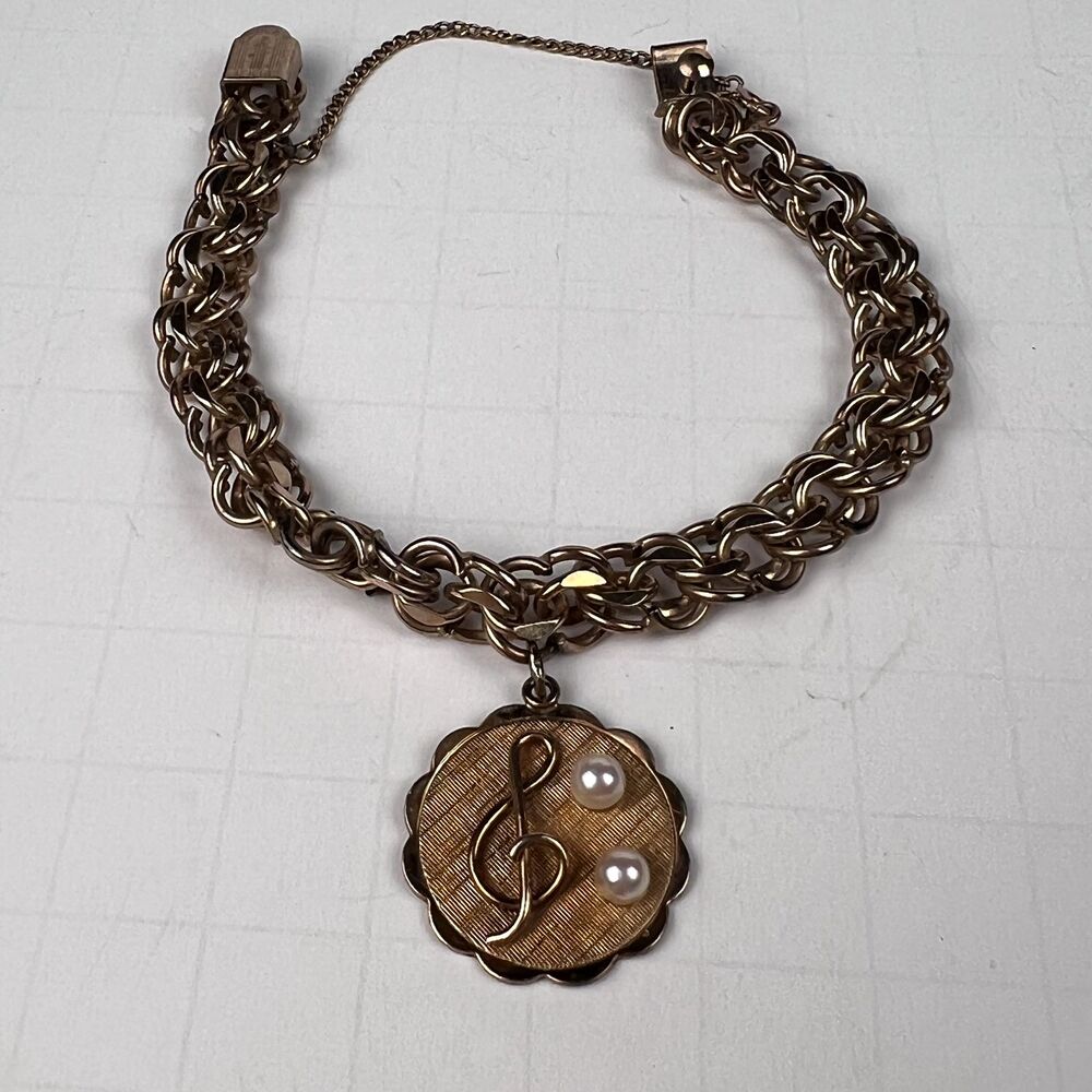 Vtg Kaco Signed 20g,12K Gold GF Bracelet Band Sweetheart Treble Clef 2 Pearls